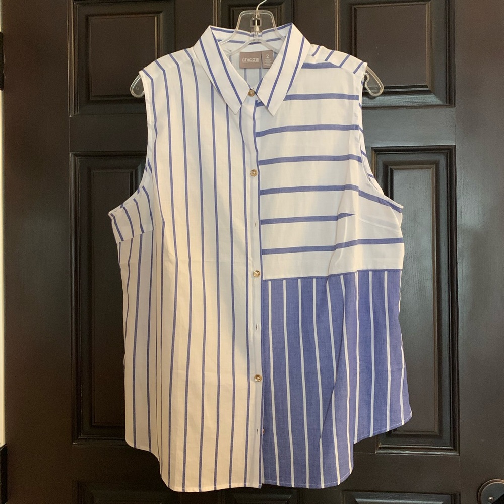 Chico's Navy and White Striped Blouse size 2(L)